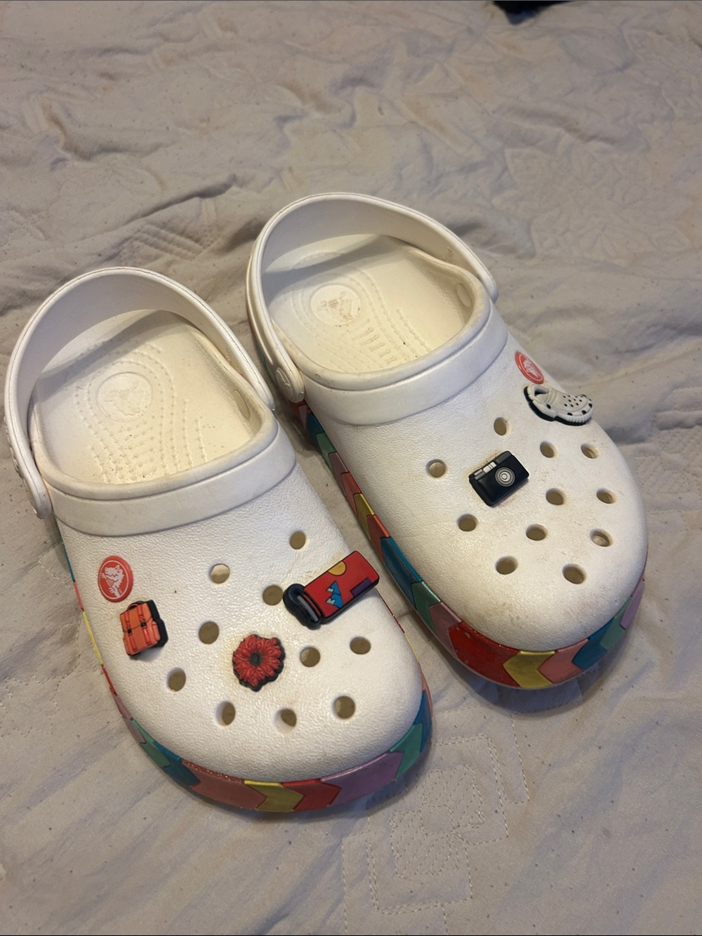 CROCS White Kids Clogs with Rainbow Chevron Trim and Fun Jibbitz